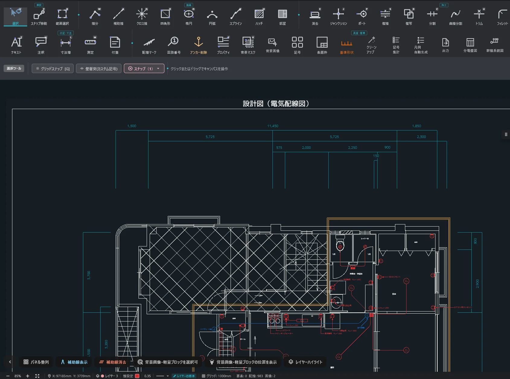 Elk Draw CADの作図画面。上にツールバー、中央に電気配線図が表示されている。