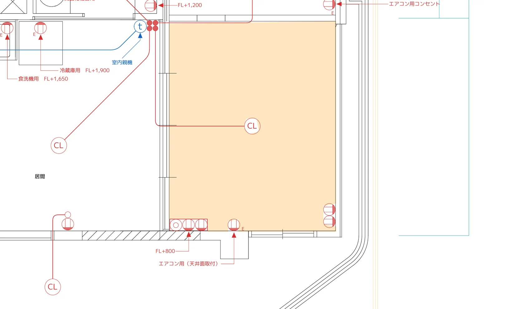 PDFとして出力した電気配線図。部屋の塗り分け、記号、注記がそのまま出力されている。